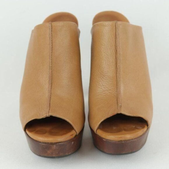 Diane Von Furstenberg Faye Women's Size 6.5 Tan Leather Open Toe Wood Sole Mule - Picture 2 of 10